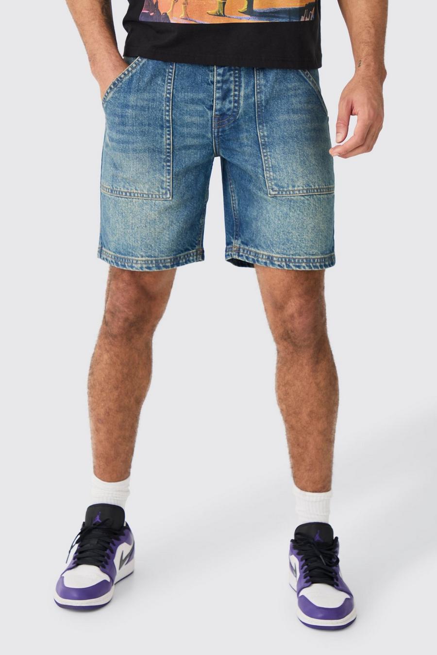 Pantalón corto vaquero ajustado sin tratar con costuras en contraste, Vintage blue