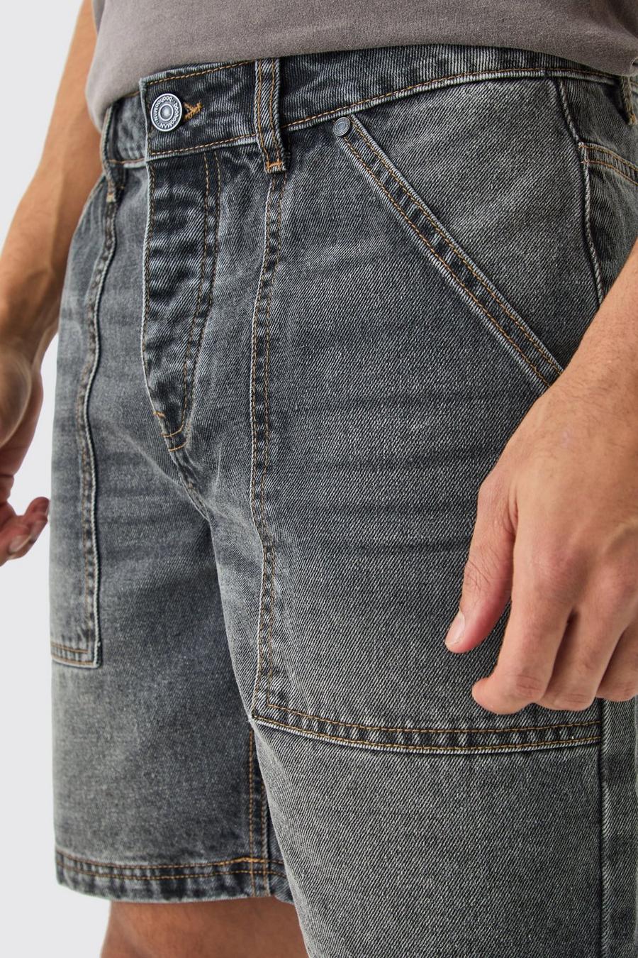 Pantalón corto vaquero ajustado sin tratar con costuras en contraste, Charcoal image number 1