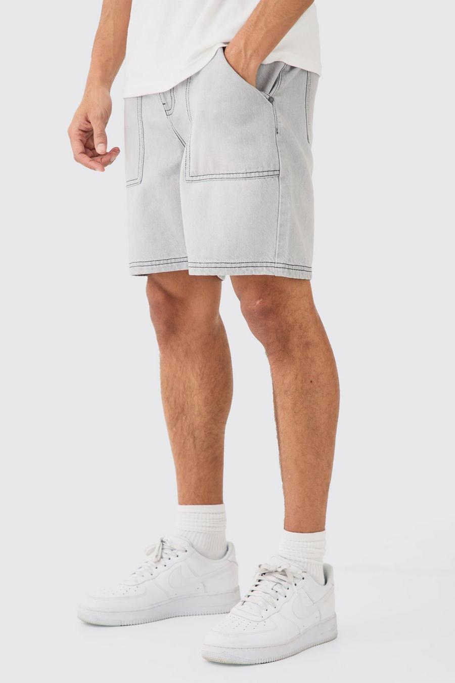 Pantalón corto vaquero holgado sin tratar con costuras en contraste, Grey image number 1