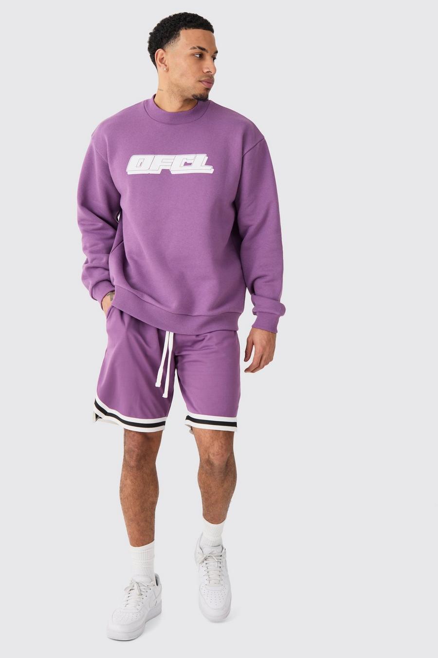 Conjunto oversize de pantalón corto de malla estilo baloncesto y sudadera OFCL, Purple image number 1