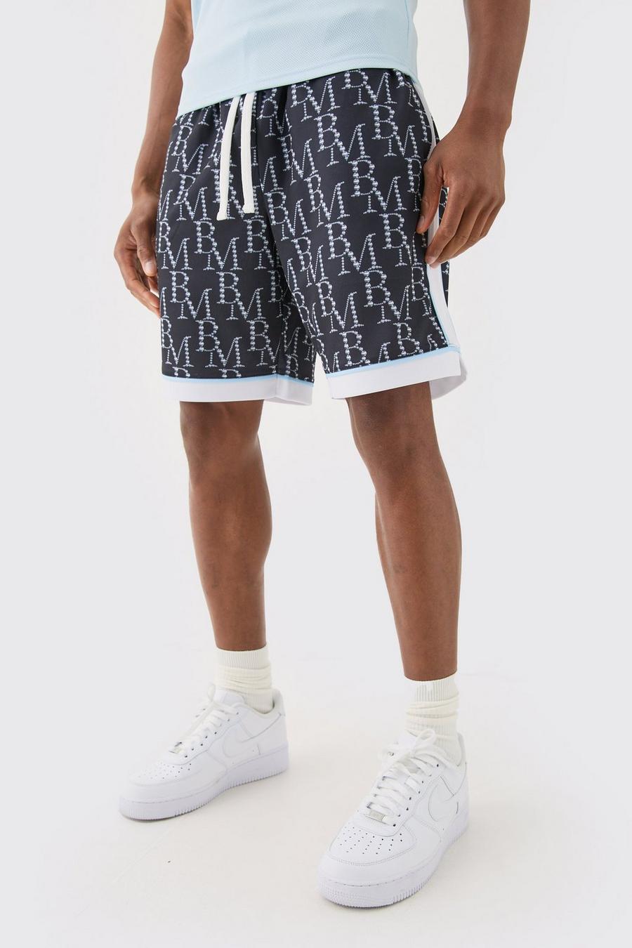 Pantalón corto holgado de baloncesto de malla con estampado BM, Black image number 1