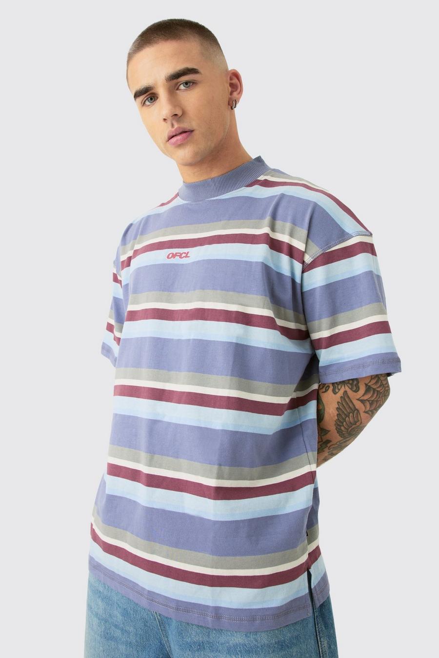 Blue Oversized Carded Heavy Striped Ofcl T-shirt image number 1