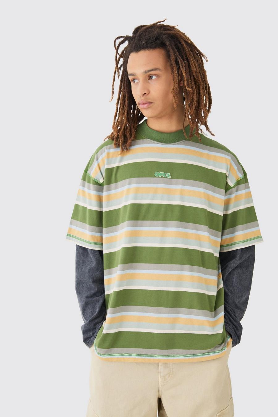Olive Oversized Carded Heavy Striped Ofcl T-shirt image number 1