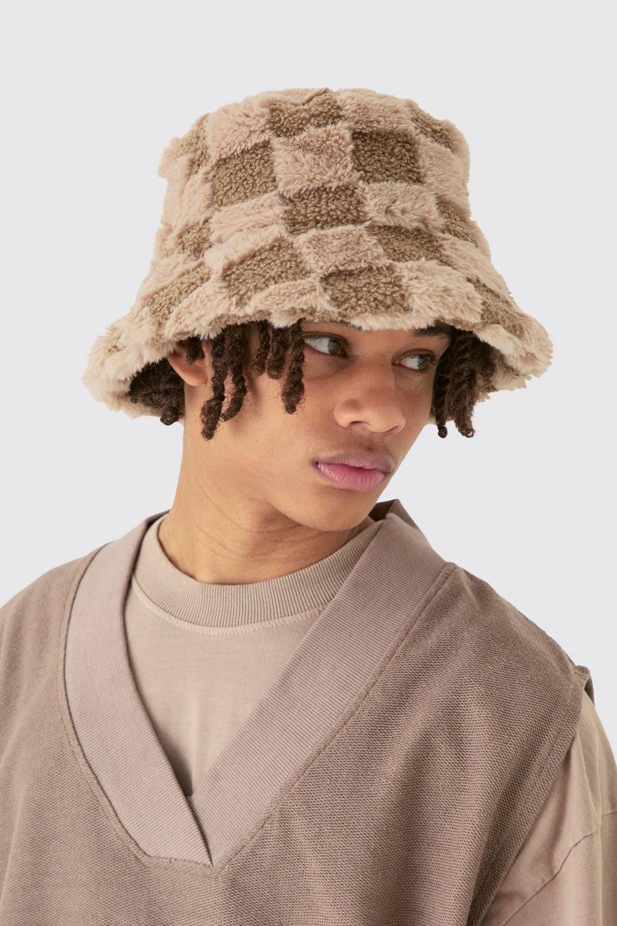 Checkerboard Fluffy Bucket Hat In Taupe image number 1