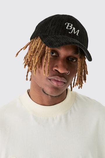 Black BM Embroidered Corduroy Cap In Black