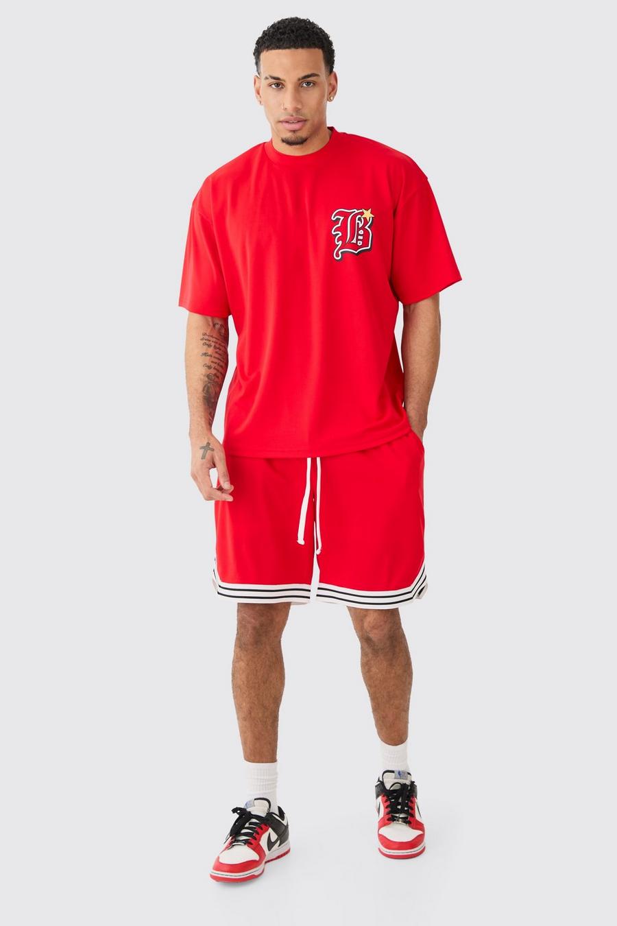 Red Oversized Mesh Varsity Top And Basketball Shorts Set image number 1
