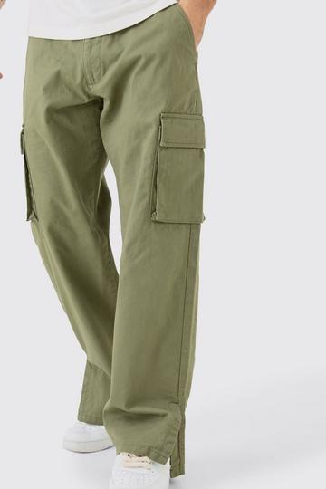 Fixed Waist Relaxed Fit Cargo Split Hem Trouser khaki