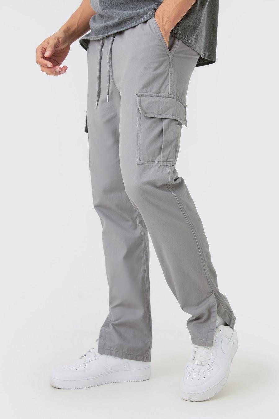 Grey Elasticated Waist Slim Fit Cargo Split Hem Trouser image number 1