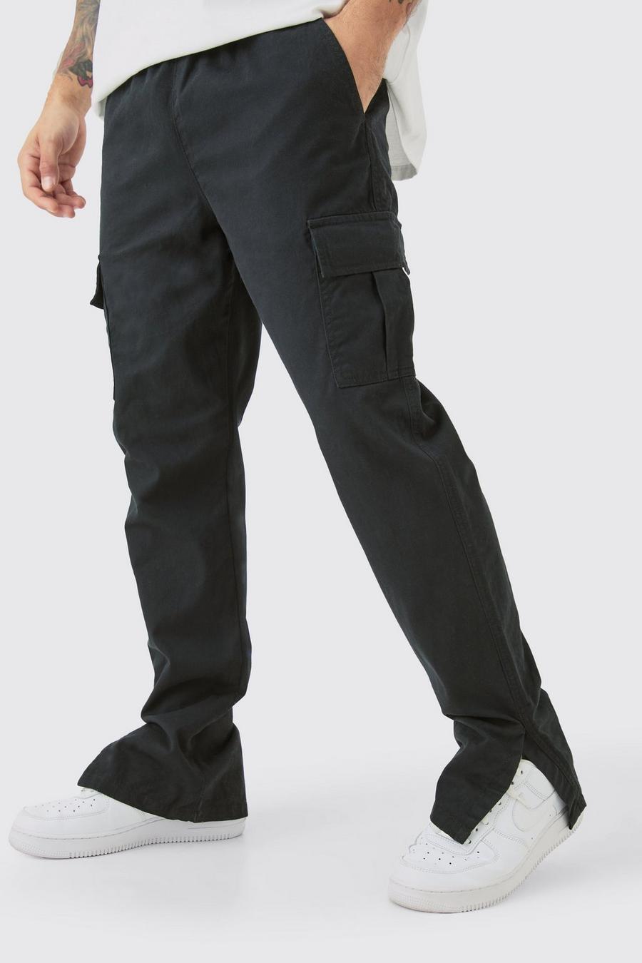 Black Elasticated Waist Slim Fit Cargo Split Hem Trouser image number 1