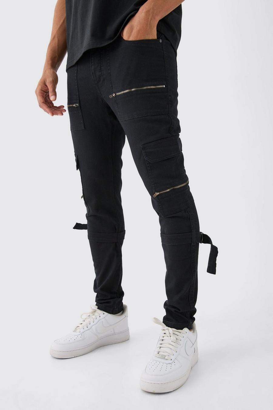 Pantaloni Cargo Skinny Fit in Stretch con zip e spalline, Black