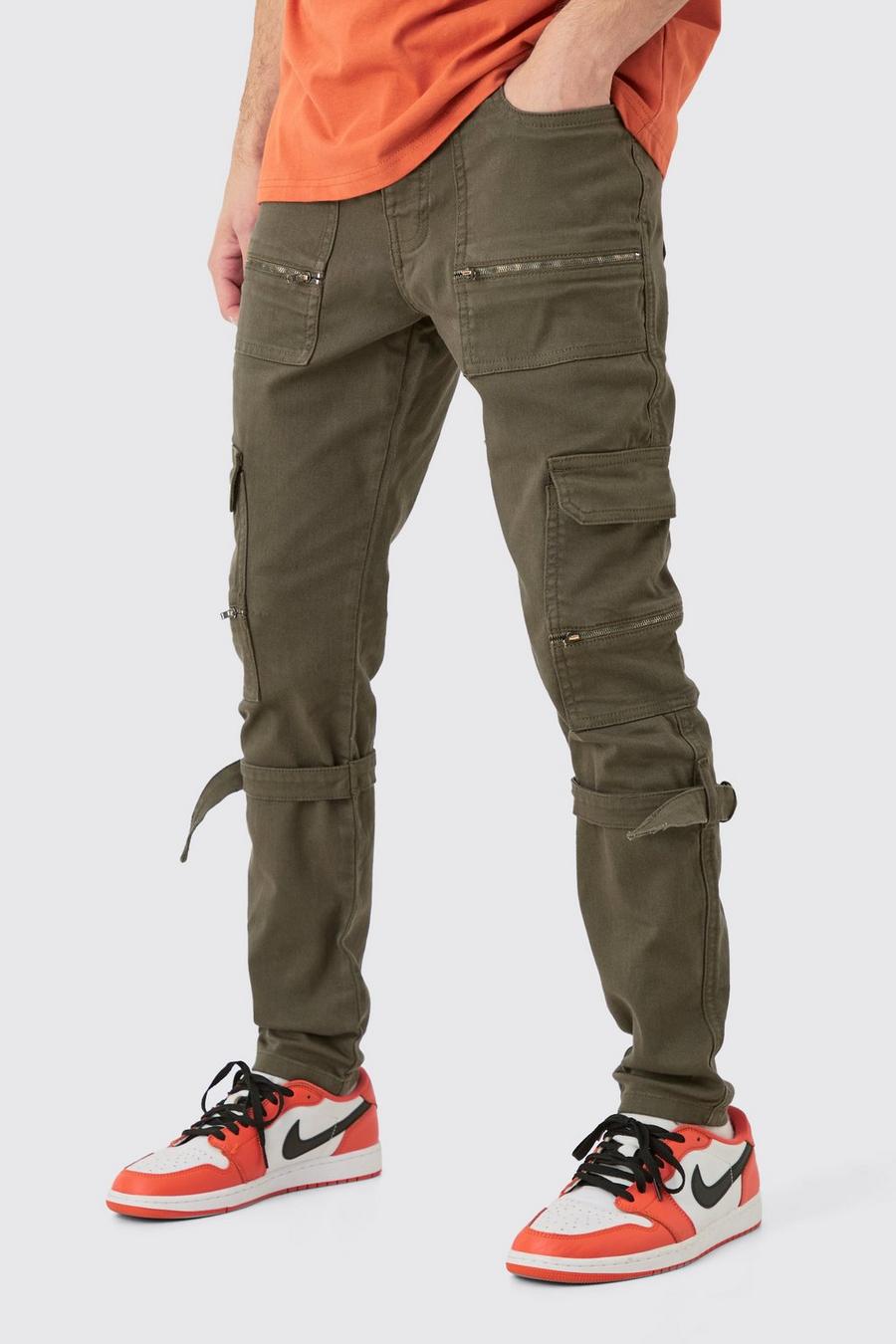 Pantaloni Cargo Skinny Fit in Stretch con zip e spalline, Khaki image number 1
