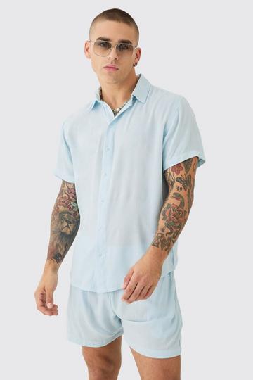 Blue Short Sleeve Cheese Cloth Shirt And Short Set