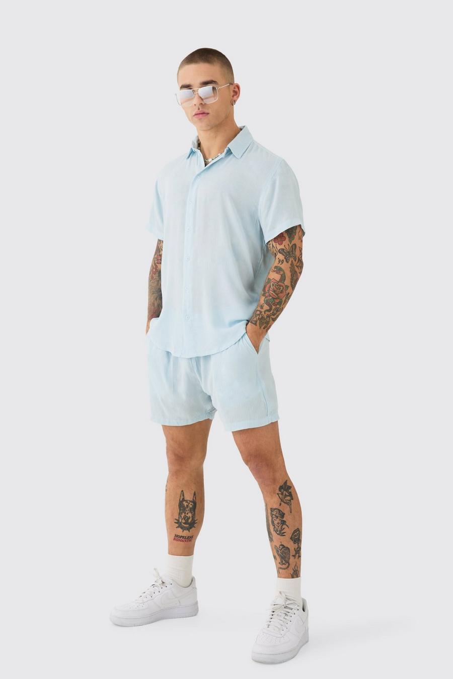 Light blue Short Sleeve Cheese Cloth Shirt And Short Set image number 1