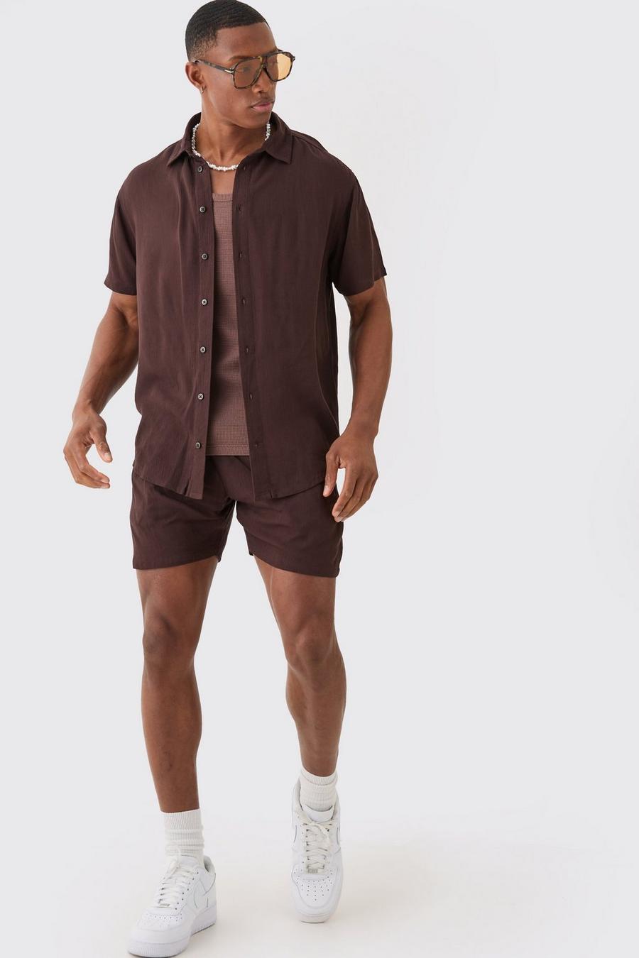 Short Sleeve Cheese Cloth Shirt And Short Set, Brown