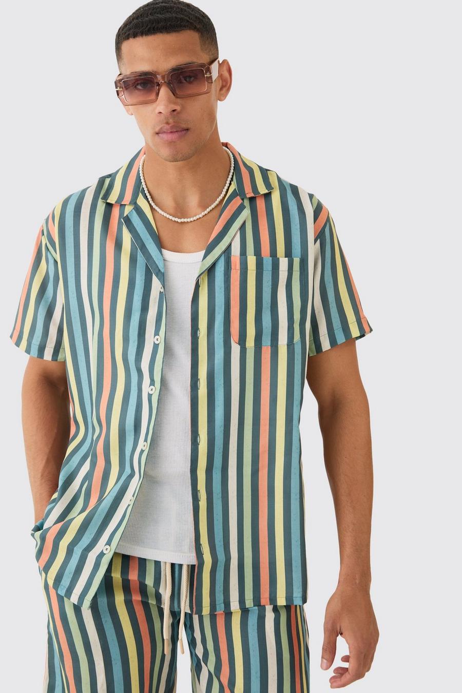 Multi Short Sleeve Oversized Revere Stripe Shirt image number 1