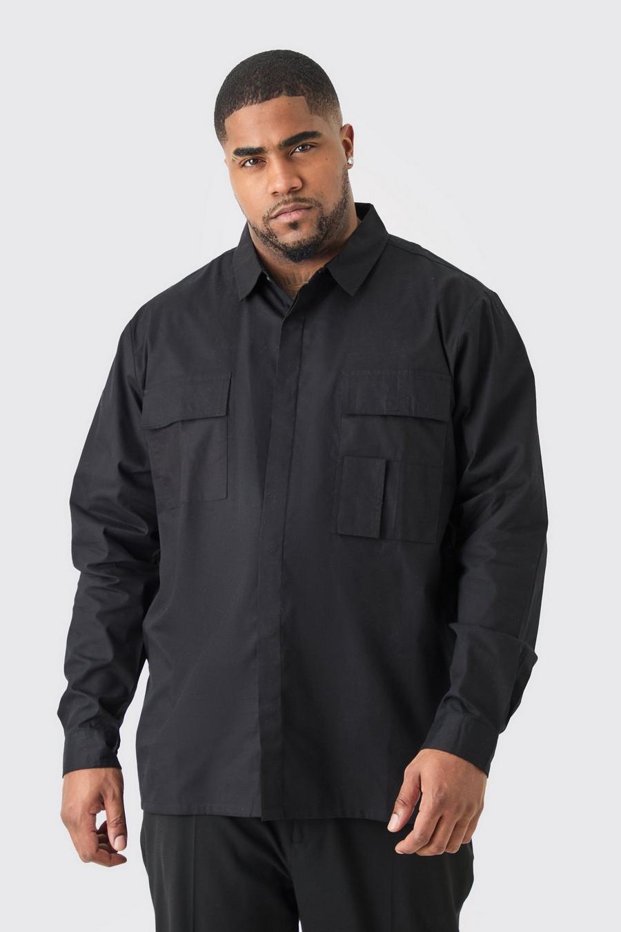 Camisa Plus utilitaria de manga larga y popelina a capas, Black