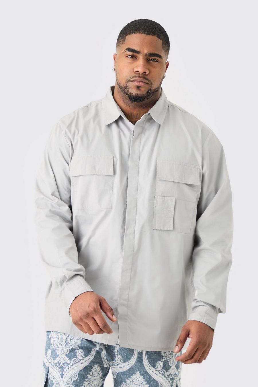 Grey Plus Poplin Utility Overhemd Met Lange Mouwen En Laagjes