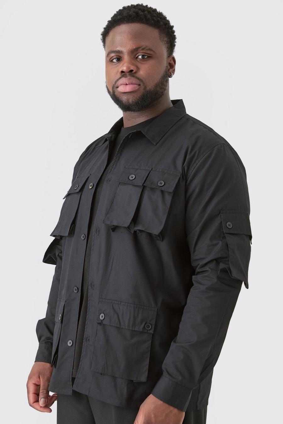 Black Plus Long Sleeve Poplin Utility Pocket Shirt