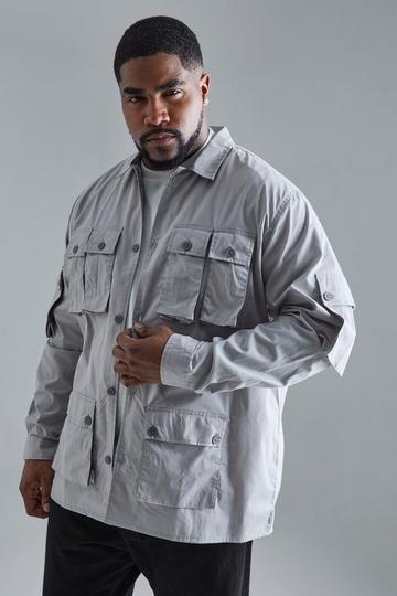 Plus Long Sleeve Poplin Utility Pocket Overshirt grey