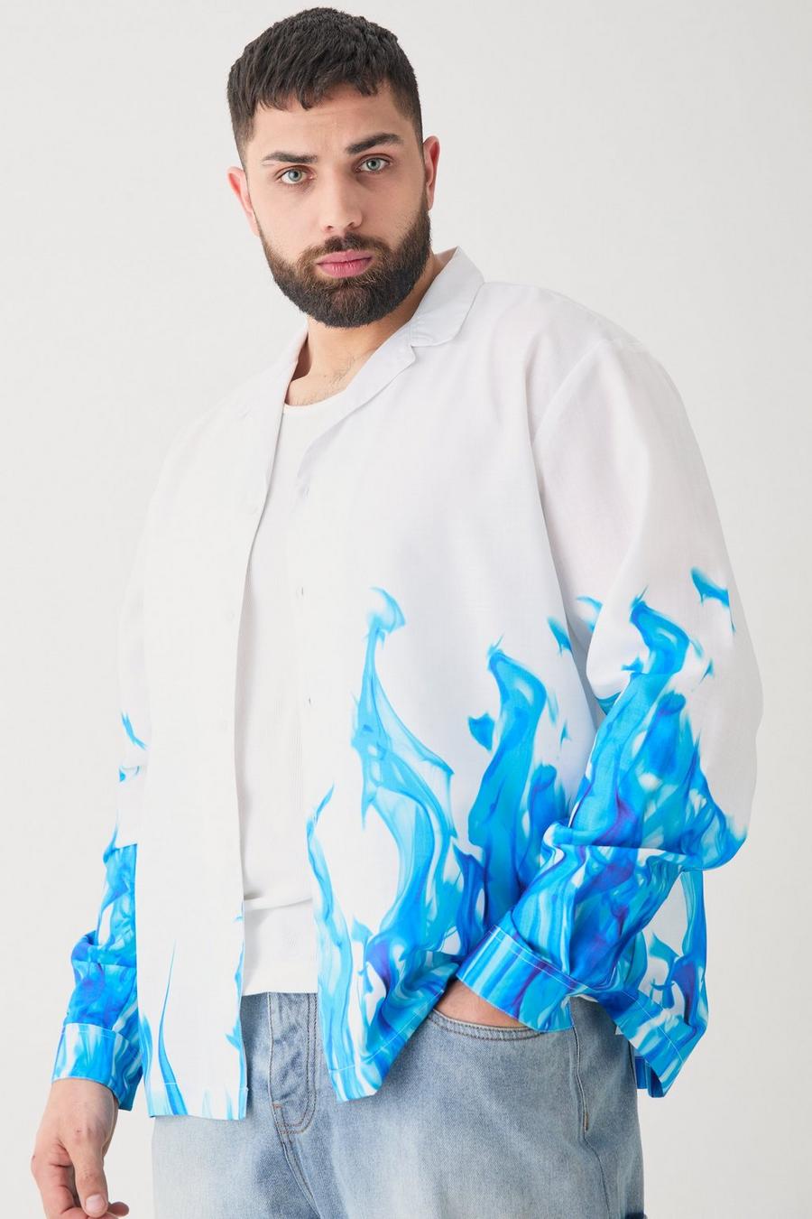 Camicia Plus Size a maniche lunghe in tessuto fiammato con stampa di fiamme e rever scesi, White