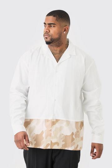Plus Longsleeve Drop Revere Poplin Camouflage Print Shirt white