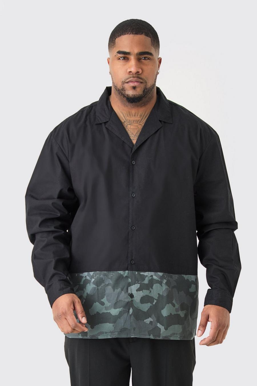 Plus Longsleeve Drop Revere Poplin Camouflage Print Shirt, Black