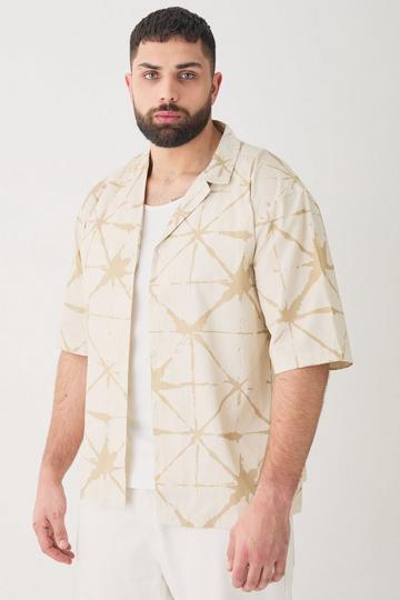 Plus Short Sleeve Drop Revere Abstract Poplin Print Shirt taupe