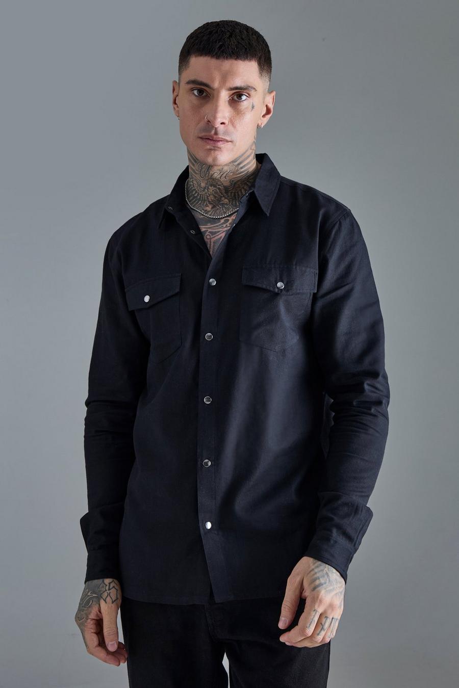 Black Tall Långärmad skjorta i twill med tvättad effekt