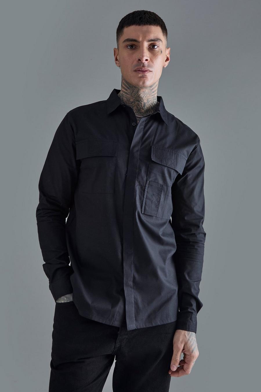 Black Tall Långärmad skjorta i poplin i utilitystil