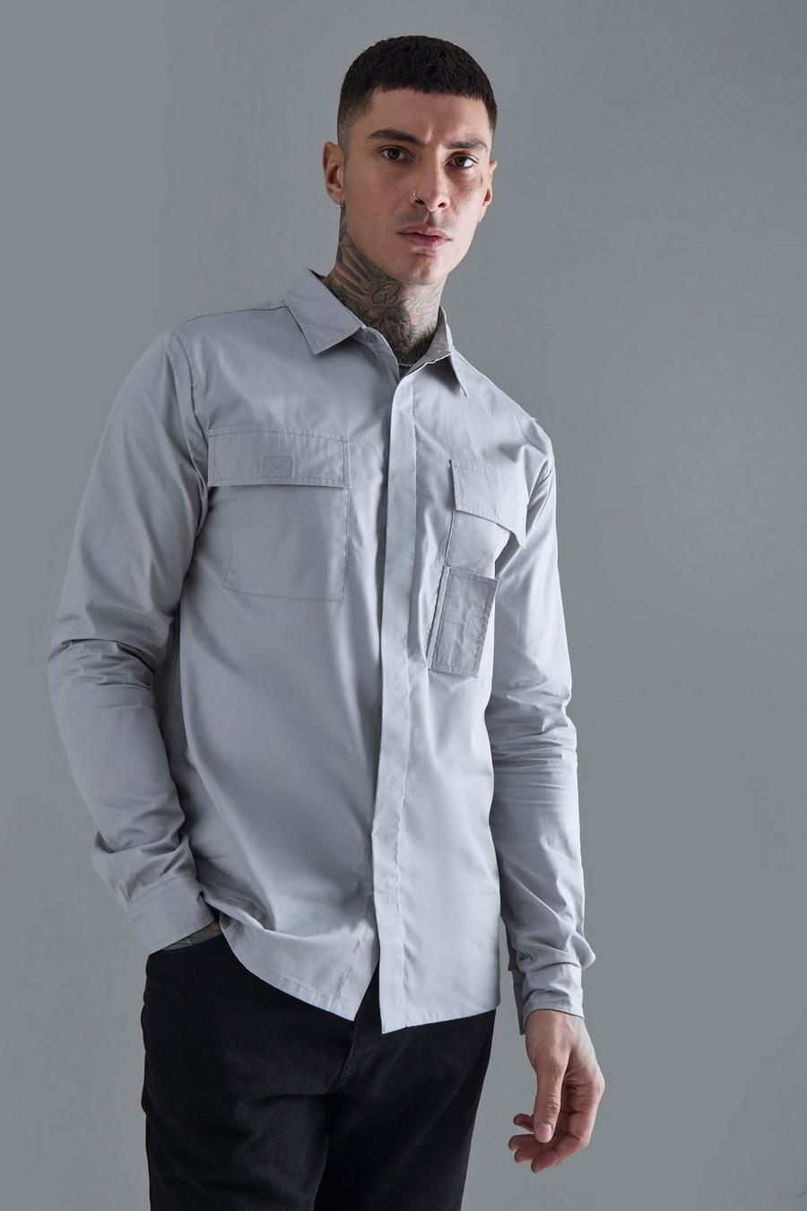 Grey Tall Långärmad skjorta i poplin i utilitystil image number 1