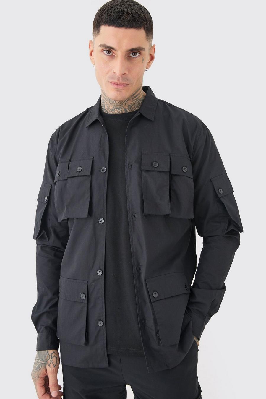 Black Tall Poplin Overhemd Met Lange Mouwen En Utility Zakken image number 1