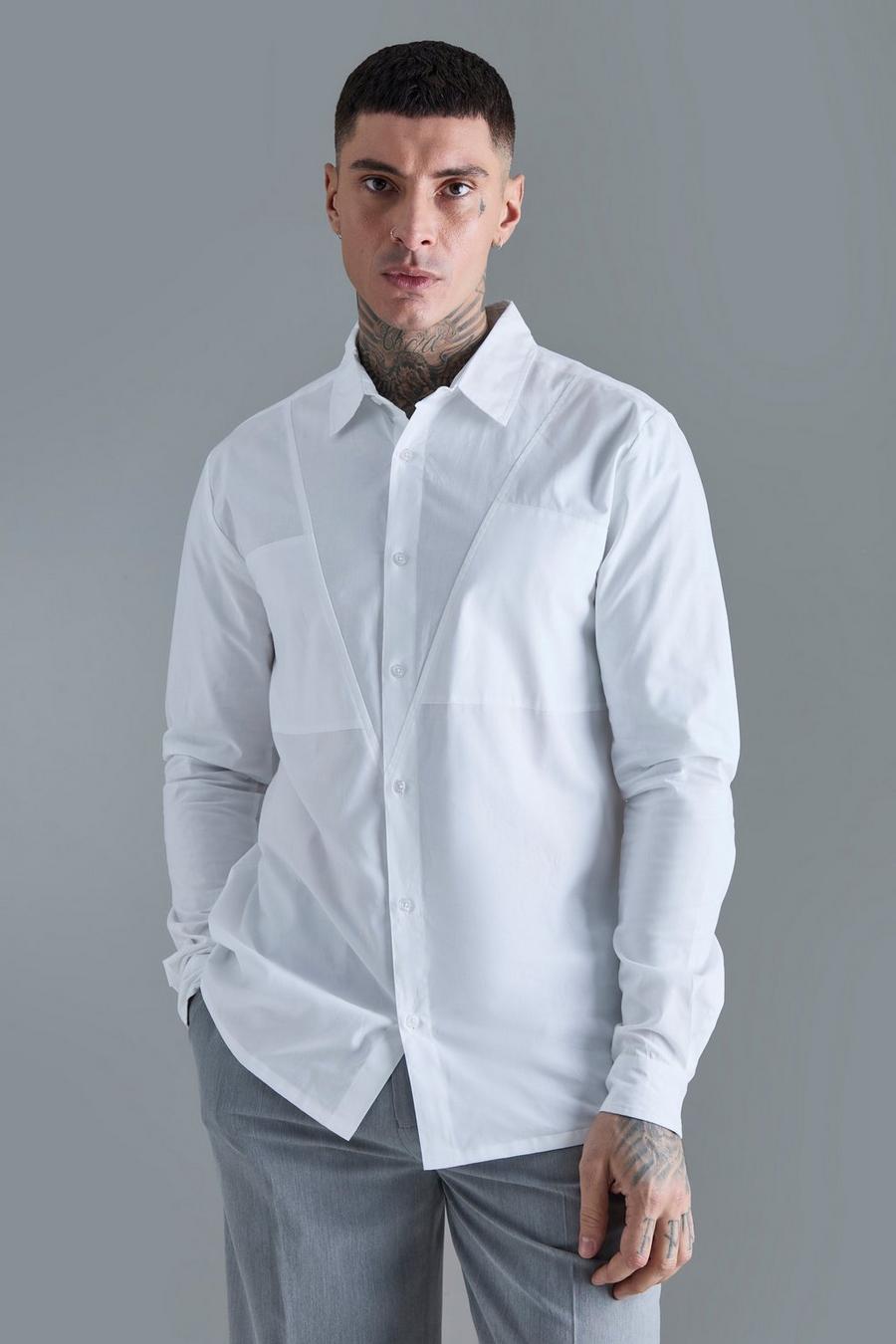 White Tall Regular Fit Poplin Overhemd Met Lange Mouwen En Panelen image number 1