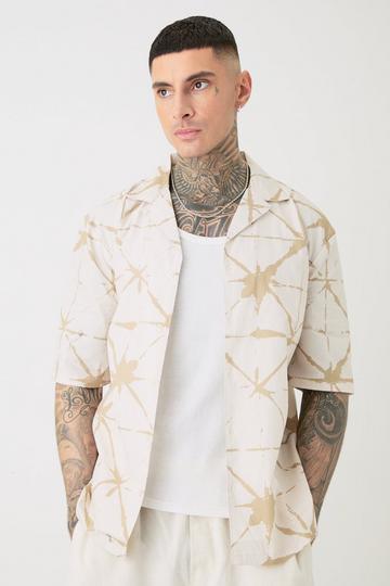 Tall Short Sleeve Drop Revere Abstract Poplin Print Shirt taupe