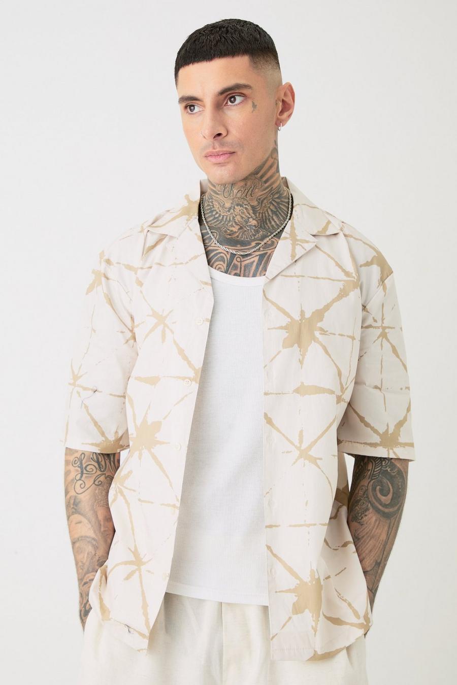 Taupe Tall Short Sleeve Drop Revere Abstract Poplin Print Shirt image number 1
