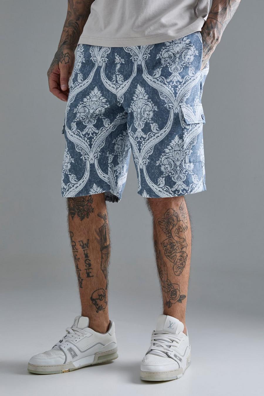 Pantalón corto Tall cargo texturizado con estampado de tapiz, Blue image number 1