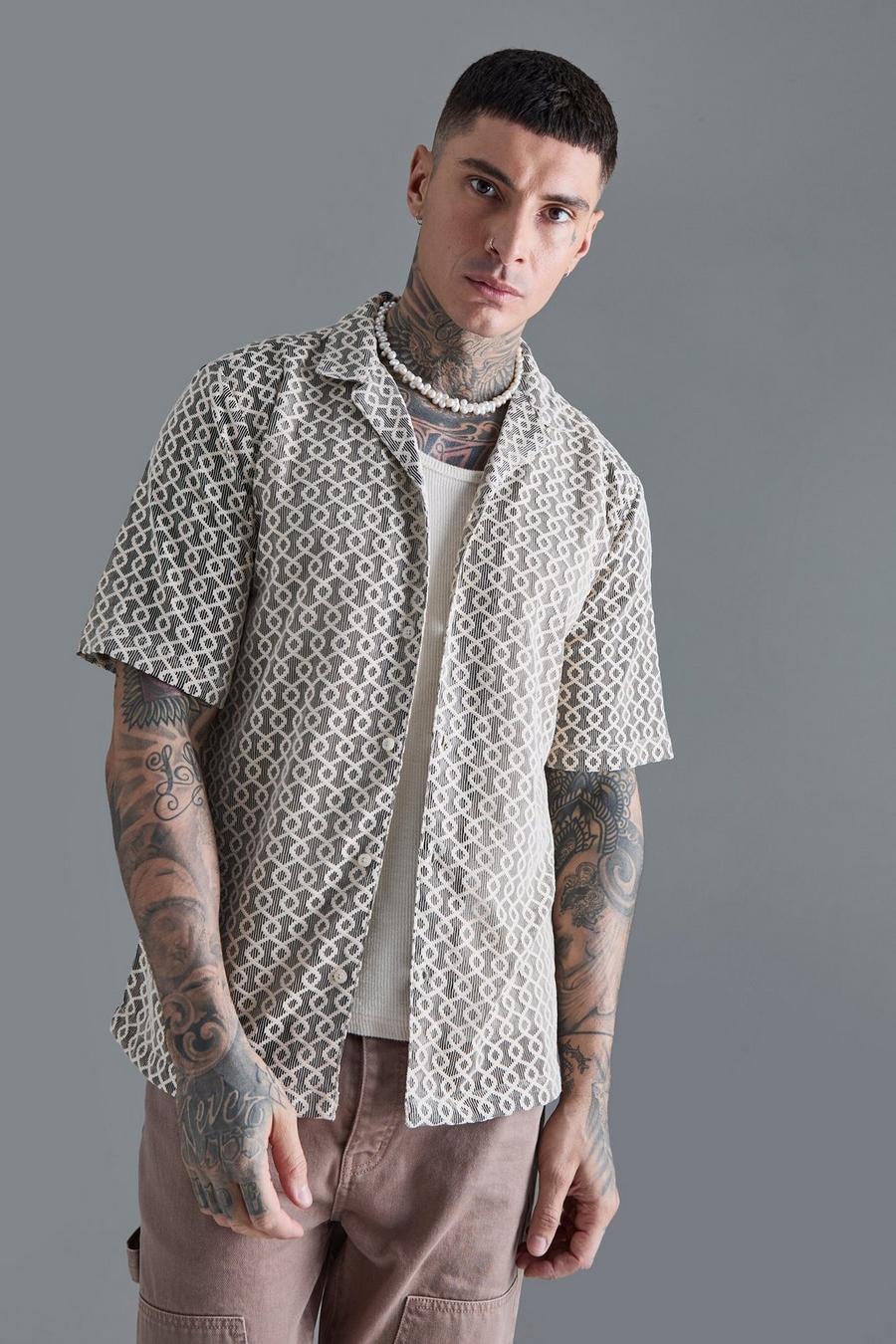 Stone Tall Kortärmad mönstrad skjorta med bowlingkrage image number 1
