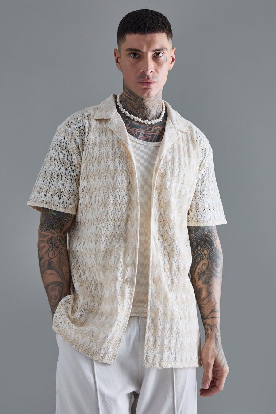 Tall Short Sleeve Oversized Revere Abstract Open Weave Shirt, Stone