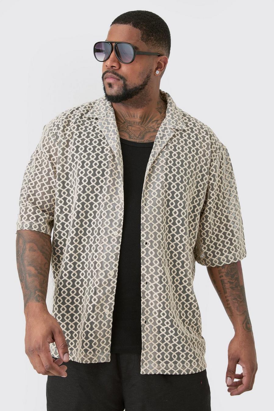 Stone Plus Short Sleeve Drop Revere Abstract Open Weave Shirt image number 1