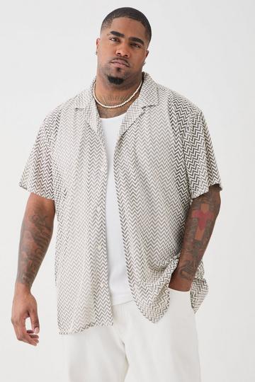 Plus Short Sleeve Oversized Revere Abstract Open Weave Shirt stone