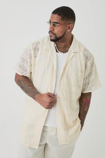 Plus Short Sleeve Oversized Revere Open Weave Shirt stone