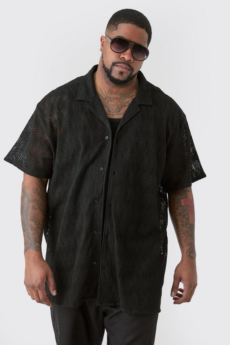 Black Plus Short Sleeve Oversized Revere Open Weave Shirt