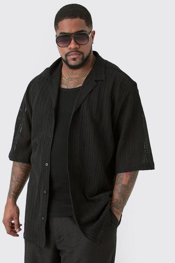 Black Plus Short Sleeve Drop Revere Open Weave Shirt