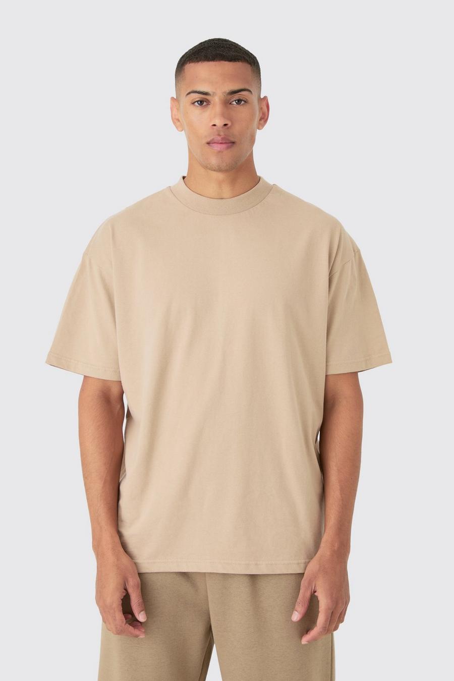 Taupe Oversized Dik T-Shirt Met Brede Nek image number 1
