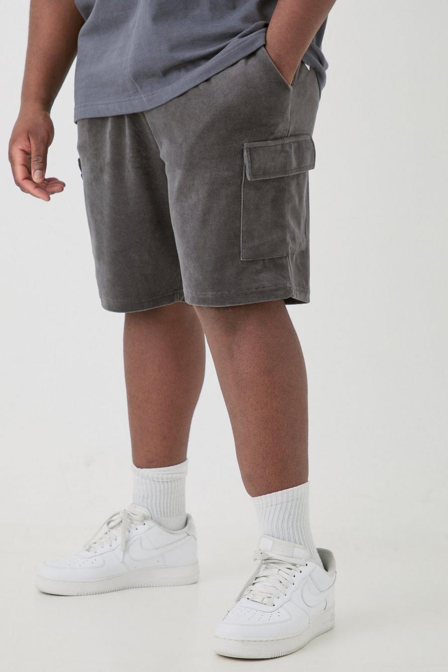 Grey Plus Elasticated Waist Velour Cargo Shorts image number 1