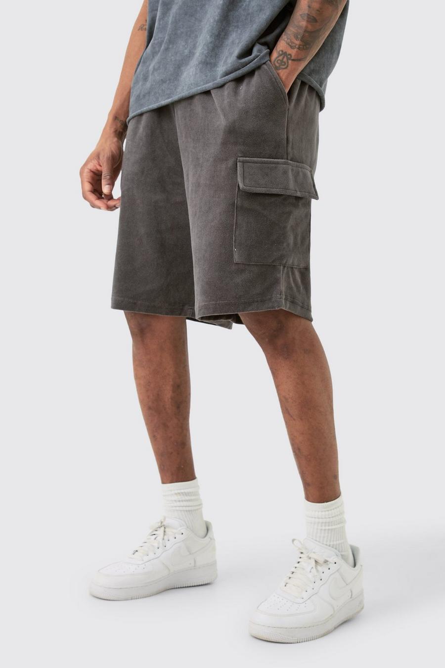 Grey Tall Elasticated Waist Velour Cargo Shorts image number 1