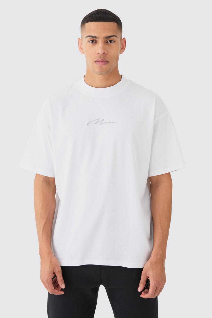 Camiseta oversize básica con firma MAN y cuello extendido, White image number 1