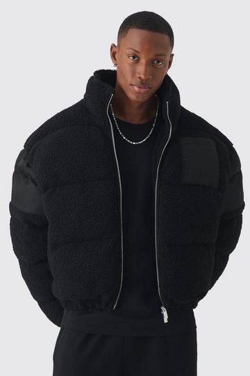 Borg & Nylon Funnel Neck Puffer In Black black