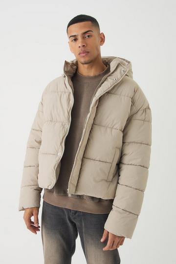 Beige Boxy Crinkle Nylon Puffer In Sand