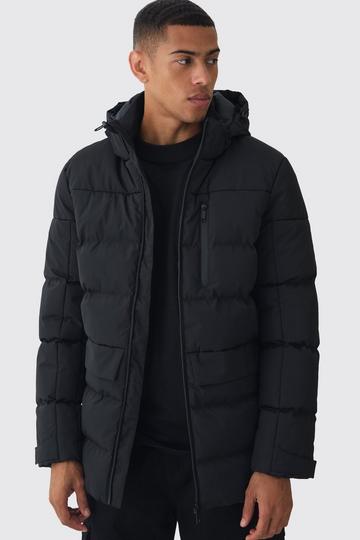 Black Mid Length Hooded Puffer In Black