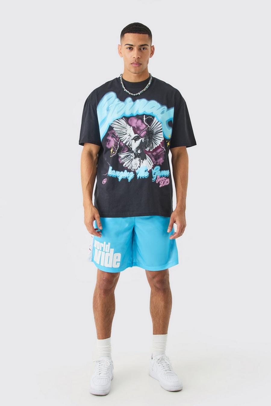 Multi Oversize t-shirt och shorts i mesh